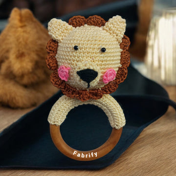 Fabrify Crochet Animal Baby Wooden Chewable Teether Cum Rattle