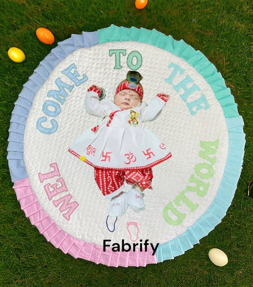Baby Bed Mattress with Applique Patchwork Quilt, Handcrafted Cotton with Godadi Chhathi Embroidery 90 X 90 cm