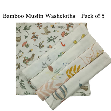 Fabrify Bamboo Muslin Cotton Face Towels for Newborn Baby Extra Soft Burp Cloths,Hankies, Washcloth Reusable Napkins for Infants Toddlers/Kids (Pack of5) White Printed