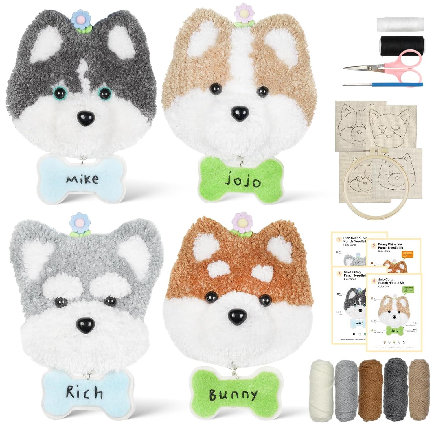 Fabrify Punch Needle Kit 🧵✨ – 4 Embroidery Kits for Beginners 🐾, Punch Needle Kits for Adults & Beginners 👩‍🎨👨‍🎨, Includes Needles 🪡, Curved Scissors ✂️, a Tool Storage Box 📦, Easy-to-Follow Instructions 📖, and Tutorial Videos 🎥 – (4 Dog Designs 🐶